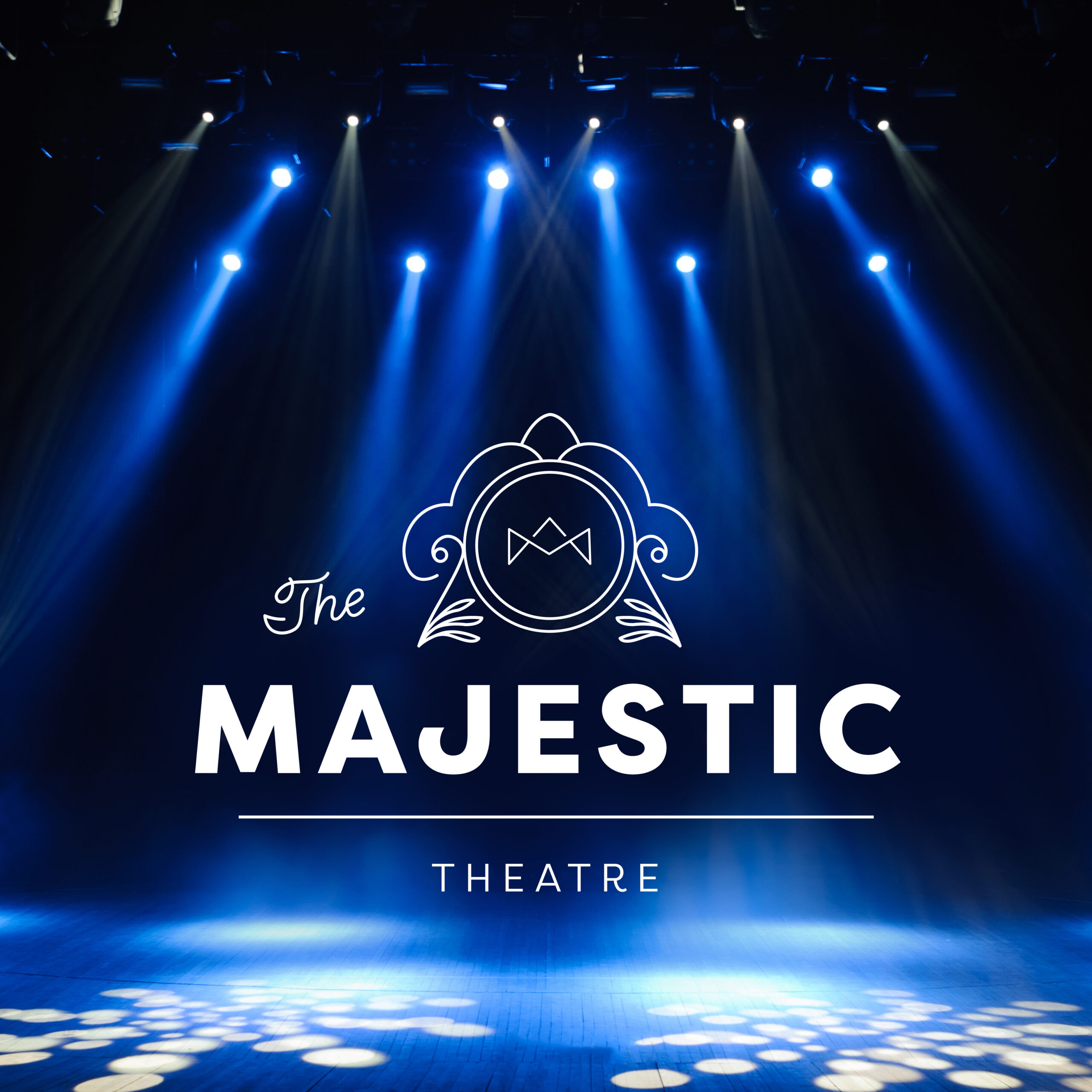 The Majestic Theatre logo in white is set against a background of blue stage lights.